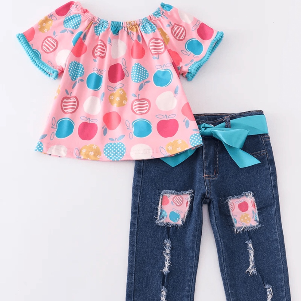 Honeydew Pink apple print denim girls pant set